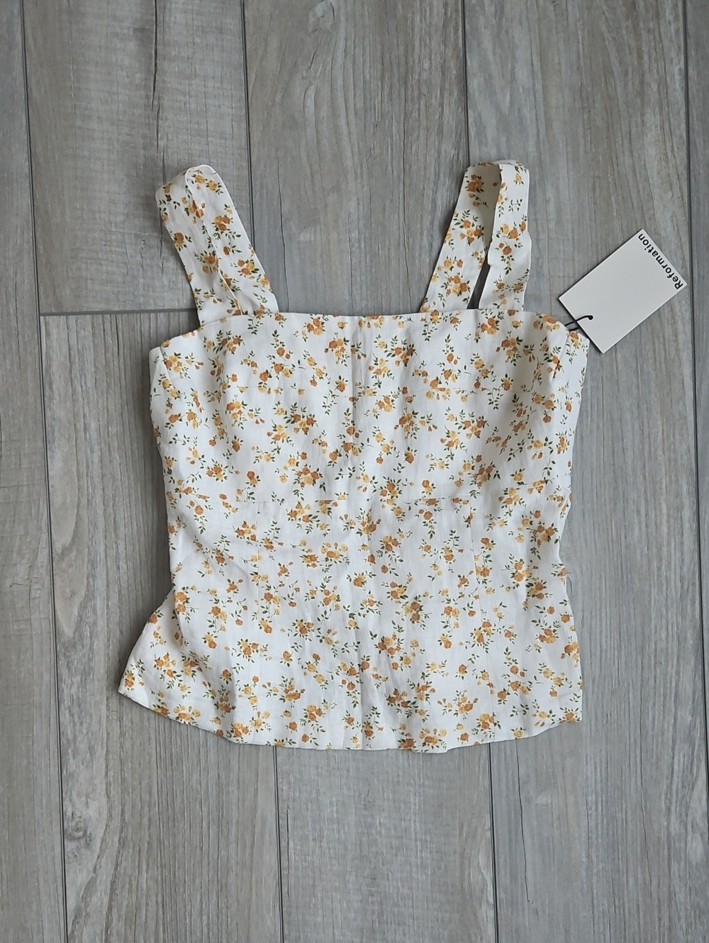 Reformation White Floral Square-Neck Tank with Yellow Print